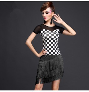 Black and white and royal blue and white plaid hot pink fuchsia short sleeves fringes women's ladies female competition performance latin salsa cha cha rumba samba dance dresses outfits sets